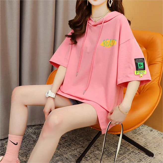 TOONIES 여성 스트리트 후드 반소매 롱 티셔츠