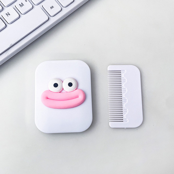 일호장신구 휴대용 플립 눈 입 거울 빗 귀여운 포인트 미니 미러 헤어 뷰티 소품, 1개, 화이트