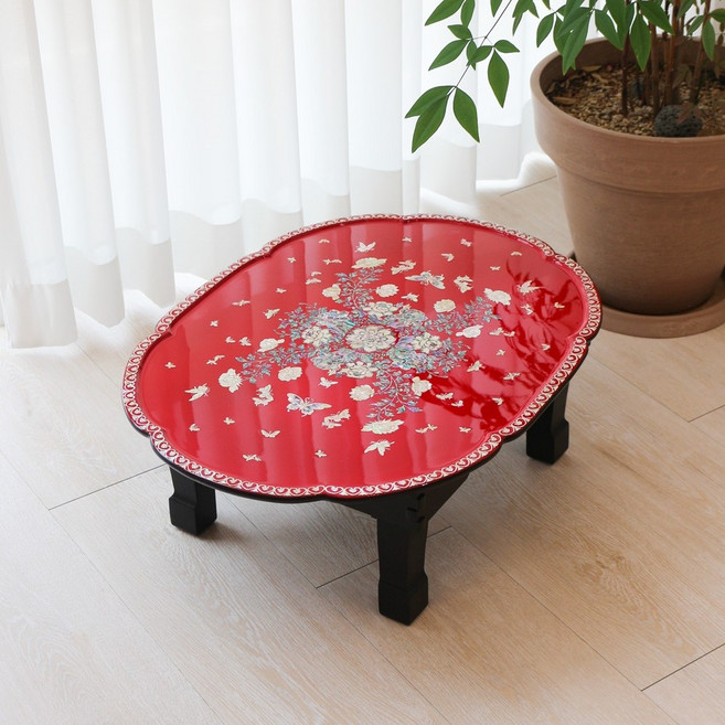 박씨상방 나전칠기 비비드컬러 목단나비 꽃문양타원 접이식 자개상 60센티, 빨강