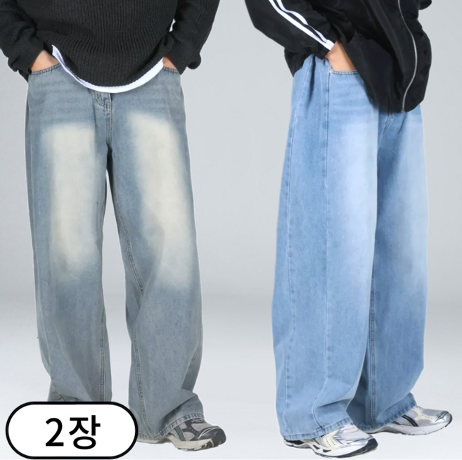 1+1 남녀공용 사이드 턱 워싱 데님 와이드 청바지 (6687-2)