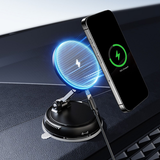 ACMEZING 맥세이프 무선충전 차량 휴대폰거치대 고속충전 진공 흡착 초강력 자석 360도 회전 접이식 + 맥세이프 메탈 링 RLX11, 블랙, 1개