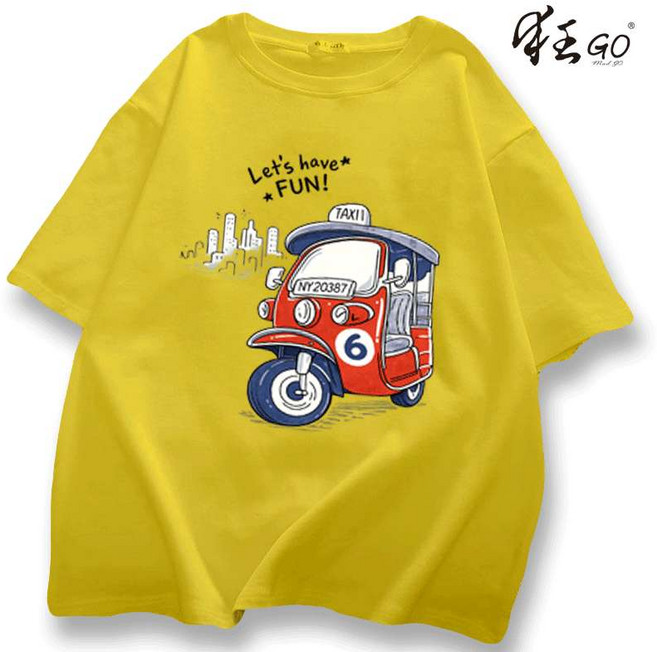 狂GO 嘟嘟車印花短袖T恤 寬鬆透氣上衣, 黄色
