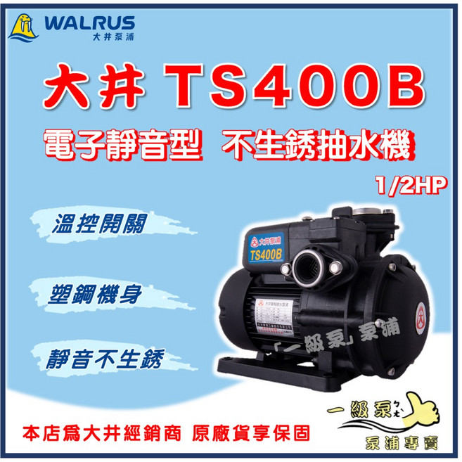 【一級泵】大井 TS400B 1/2HP 電子靜音型 不生鏽抽水機 - 抽水馬達/泵浦, 1個, TS400B +一般馬達架,1"（25mm) / 110V