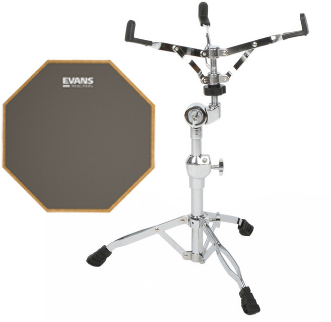 EVANS Real Feel 12인치 단면 드럼 연습패드와 BEAT FINGERS BF-SST2 스네어스탠드 포함 패키지, 1세트, 그레이 고무판 / 크롬 스네어스탠드, RF12G + BF-SST2