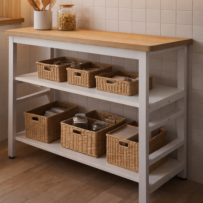 엔조이리빙 주방수납장 3단 주방 선반 작업대 보조테이블 전자레인지 수납장, 화이트+우드