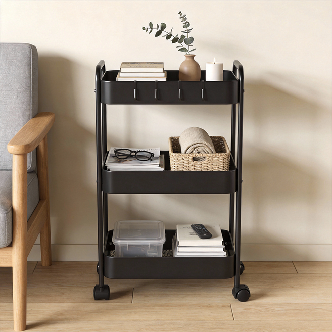 이동식 트롤리 튼튼한 선반 철제 이동식 트롤리, 블랙, 3단