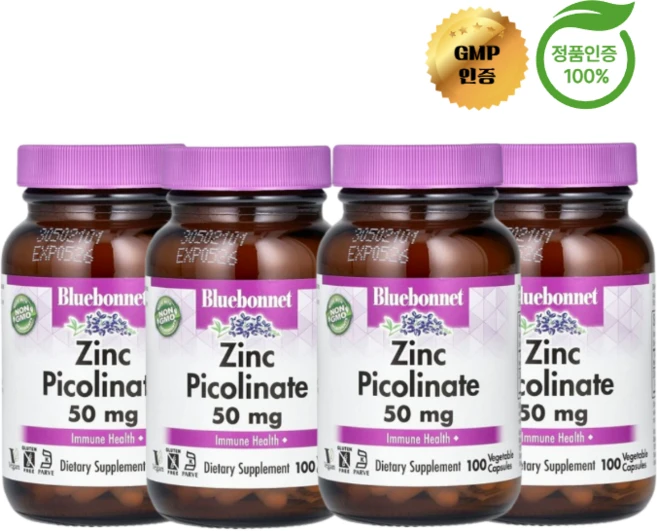 2+2 블루보넷 뉴트리션 징크피콜리네이트 아연 50mg 면역력 베지 캡슐 100정, 4개 - 쿠팡