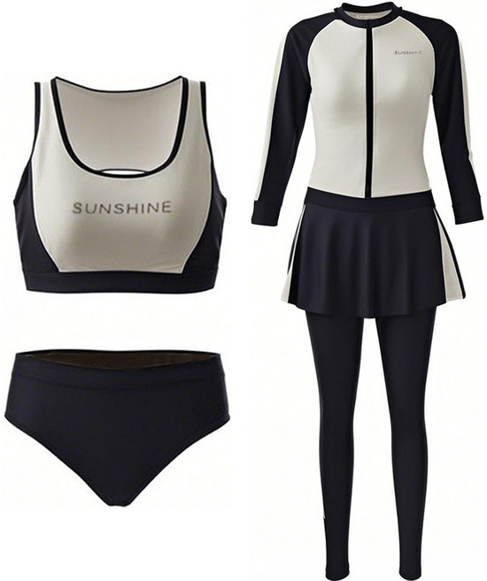 바닐라마카롱 여성용 5종 래쉬가드 집업 세트 브라탑 워터레깅스 팬츠 여성 긴팔 상의 레쉬가드 수영장 물놀이 휴양지 체형커버 수영복, R98691D(베이지, XL