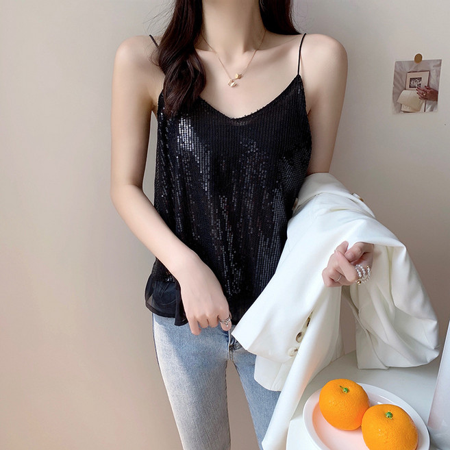 히트앤씨 4057 스팽글 끈나시 여름 반짝이 무대 여성 이너티 민소매 나시 쉬폰레이어드 쉬폰 섹시