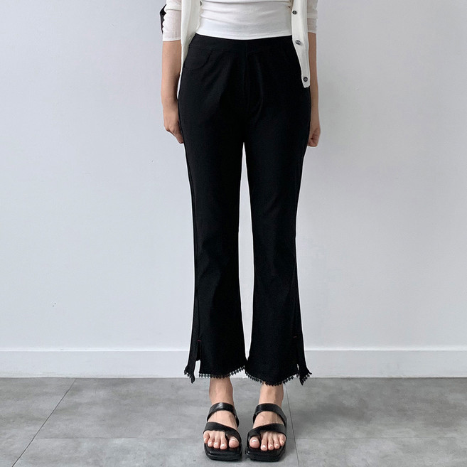 루나진 여성용 스판바지 레이스 포인트 8부 부츠컷 블랙 팬츠 스판 키작녀