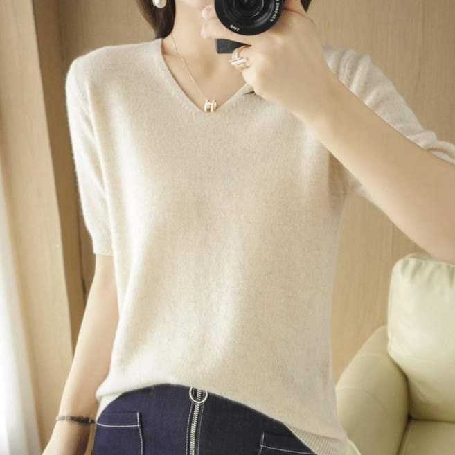 베르슈어 루즈핏 브이넥 여성 반팔 니트