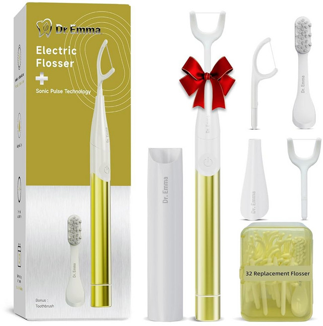 교체 가능한 치실 픽과 칫솔이 포함된 엠마 전기 진동 치실 전동 치아 청소용 키트 물 대체품 보라색, A-옐로우, 1개