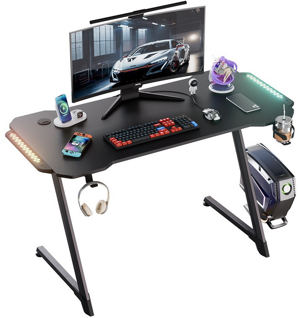 월로덴 게이밍 컴퓨터책상 RGB LED Z형 스틸 프레임 컵홀더 헤드셋거치대 포함, 블랙(120*60*75)