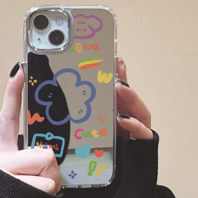 핫티몰 감성 컬러풀 플라워 라인 테러링 미러 거울 투명 젤리 TPU 아이폰 케이스