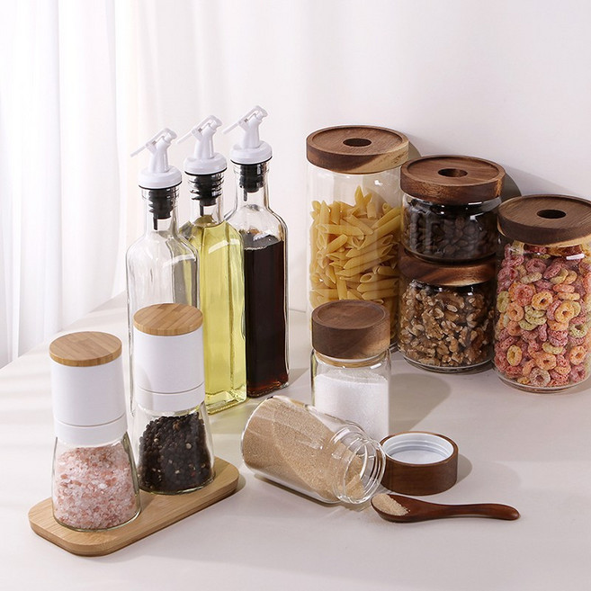 천연나무로 만든 우드 뚜껑 내열유리 양념병 모음, 원목텍스쳐 양념병 스티커, 1개