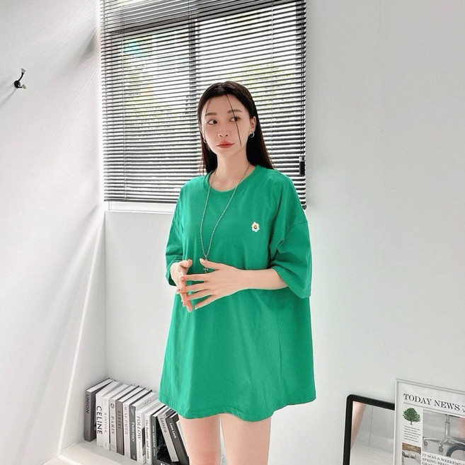 【JES】韓國小花笑臉刺繡短T，親膚透氣情侶款，簡約潮流圓領設計, 綠,M