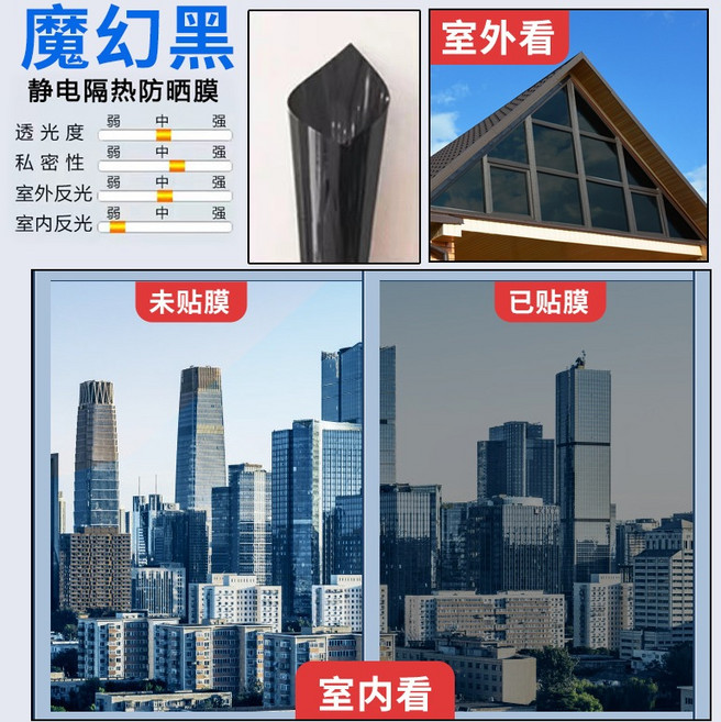 靜電隔熱貼 遮陽 防偷窺 隔熱紙 玻璃窗貼, 1.魔幻黑