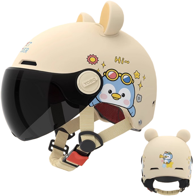 MILLANDA 3c 헬멧 오토바이 헬멧 큐티 헬멧 사계절 안전모, 노란색-블랙 렌즈-곰의 귀