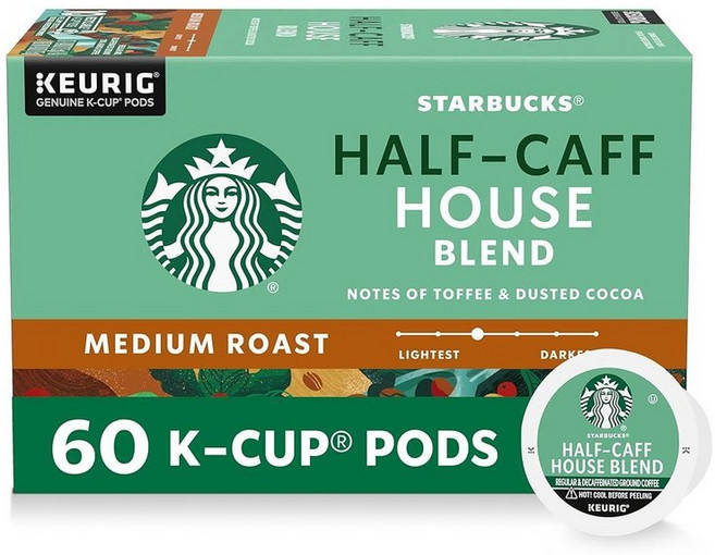 Starbucks K컵 커피 포드 미디엄 로스트 커피 콜롬비아 100% 아라비카 6박스 (총 60포드), 하우스 블렌드 하프 카페, 하우스 블렌드 하프 카페