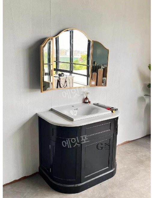 인테리어 뷰티 삼면경 북유럽 빈티지 거울 포토존 장식품, 100x75cm 골드