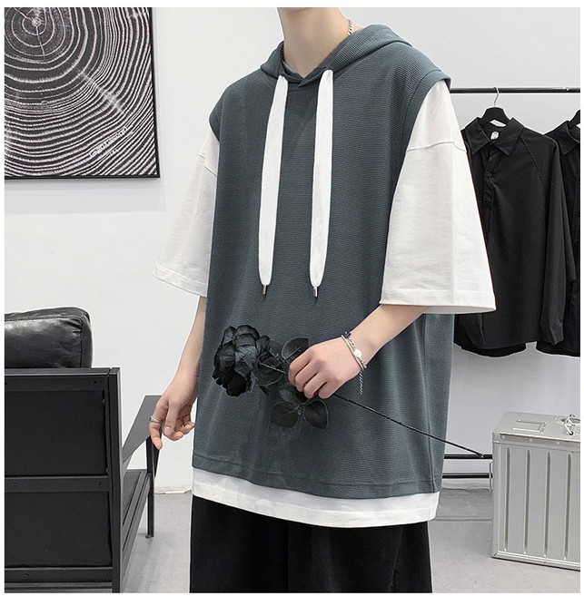 ANYOU 남성 캐주얼 반팔 후드 반팔 스포츠 티셔츠