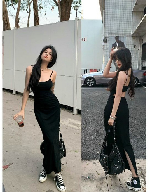 歐美洋裝 2色 辣妹洋裝 鏤空美背吊帶長洋裝 開衩包臀度假洋裝, 辣妹黑,S