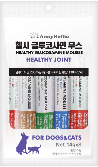 애니홀릭 반려동물 헬시 글루코사민 무스 간식 영양제 치킨 연어 맛, 4p 치킨&가리비, 1개, 14g
