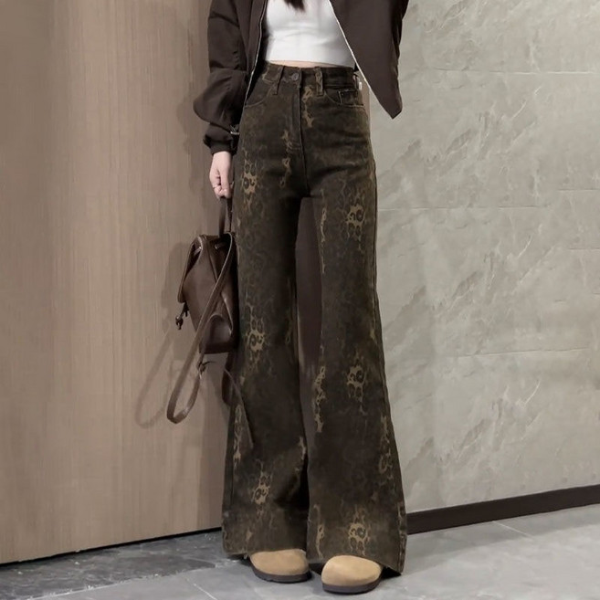 페이준 여성 봄가을 레오파드 하이웨스트 부츠컷 데님 심플 통근 스판 나팔바지 IP2126