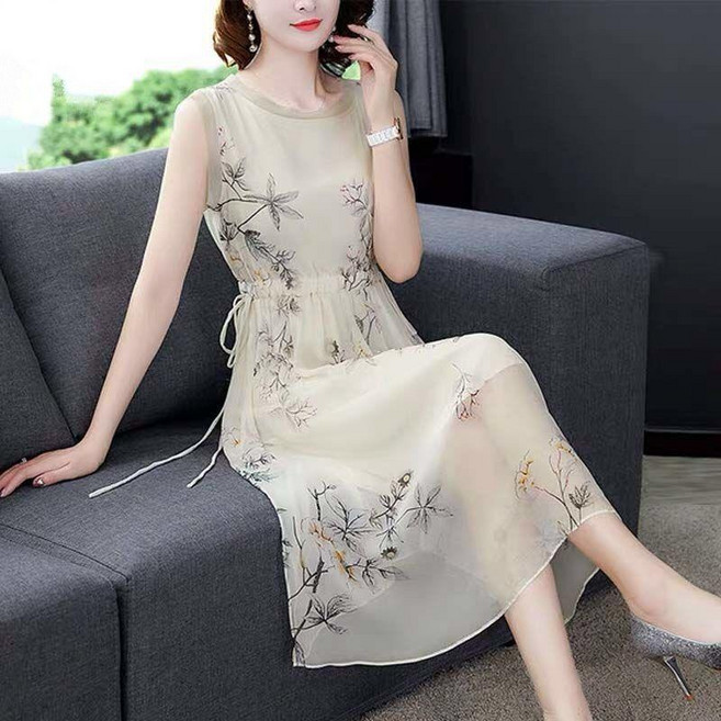 碎花連衣裙 夏季新款圓領無袖收腰顯瘦氣質中長A字裙, 杏色,3XL 135-150, 杏色