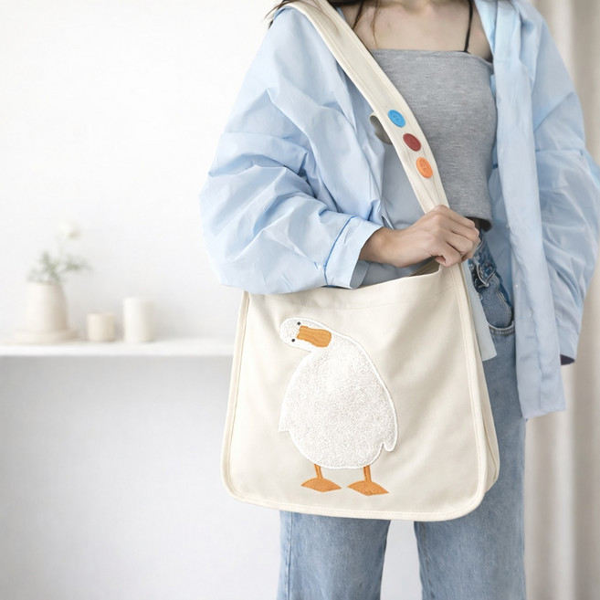 유진 여성 오리 자수 데일리 캔버스 면 숄더백