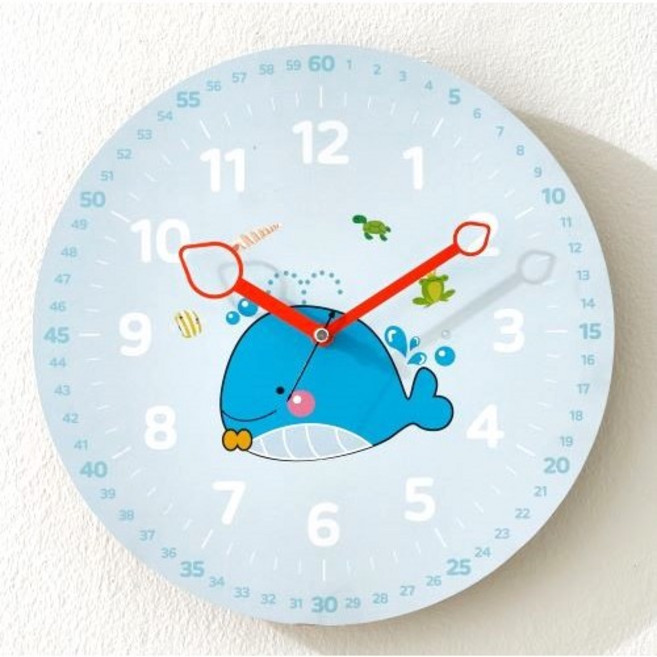 리빙스토리 시그너스 국산 무소음 어린이교육용벽시계 고래시계 아이방 학습용 시계공부, 블루