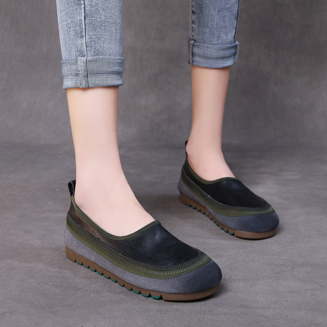 미끄럼방지 천연소가죽 중년 여성 구두 수제 소프트 솔 빈티지 라운드토 평평한 신발 어르신 산책용