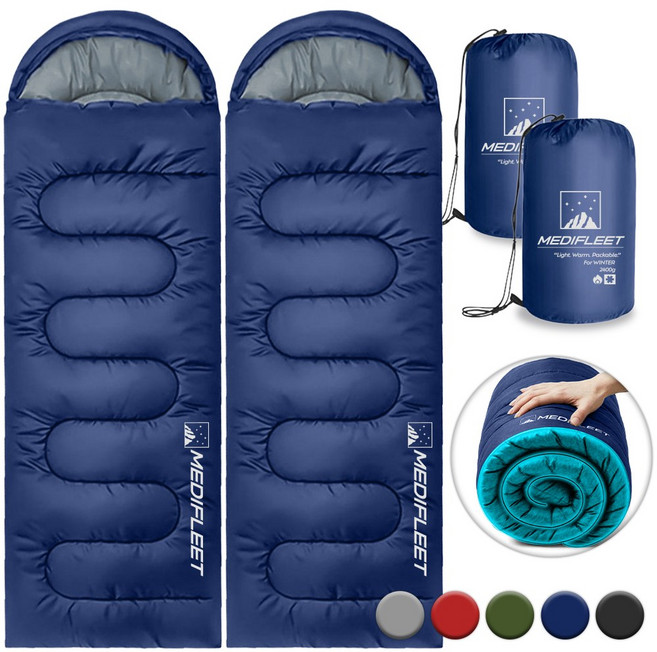 메디플릿 겨울용 머미형 야외 캠핑 침낭 + 수납가방, 2개, 네이비 블루 (2400g)