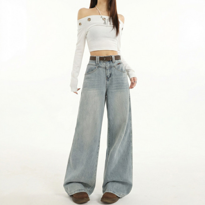 디한스 여성 하이웨스트 롱 와이드 연청 데님 팬츠(벨트 증정)