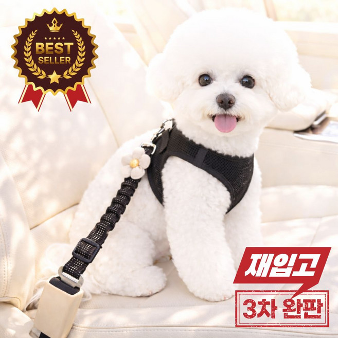 모에르 길이조절 플라워 차량용 강아지 안전벨트, 1개, 블랙