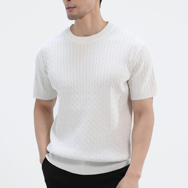 글리멜로 남자 여름 라운드 꽈배기 니트 반팔 티셔츠