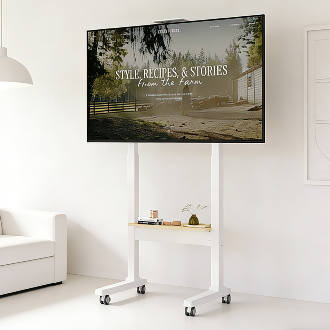 Claiks 32-80인치 tv스탠드 이동식 삼성 LG 호환 높낮이조절 대형 마운트 티비스탠드, 백색/자연