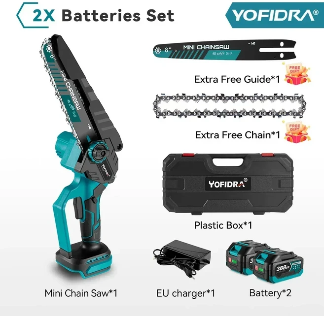 YOFIDRA 8인치 브러시리스 전기 체인톱 무선 충전식 정원 목공 절단 전동 공구 (마키타 배터리 핀용), 1개