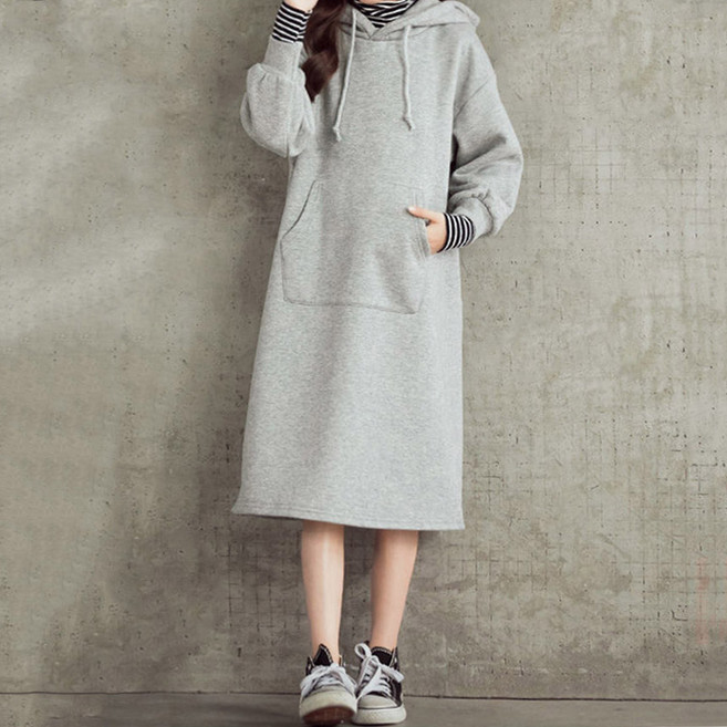 기모 여성 캐주얼 아방 루즈핏 단가라 스트라이프 이너 후드 롱 원피스 단가라이너후드원피스