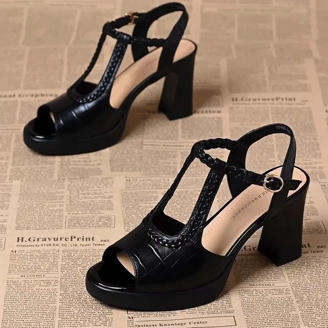 다중성 여성 샌들 여름 오픈토 하이힐 통굽 가보시 일자 스트랩 샌들 8cm굽 26ngsd04jj