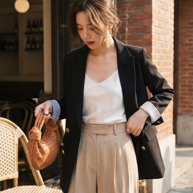 메티에 빅사이즈 여성 오버핏 더블버튼 테일러드 자켓 봄가을용