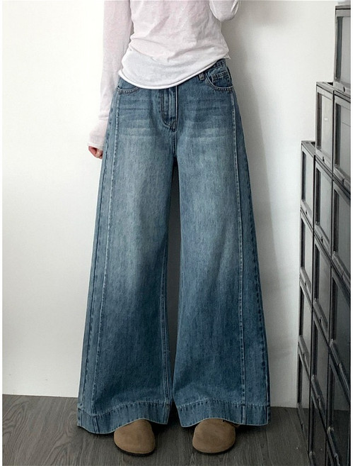 SAHINER 여성 하이웨스트 와이드 데님 팬츠 루즈핏 캐주얼 바지 ANZ92