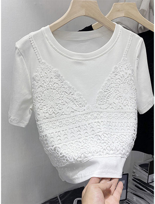 Kdragon 여성 인기신상 봄여름 레이스 뷔스티에 라운드 반팔 티셔츠