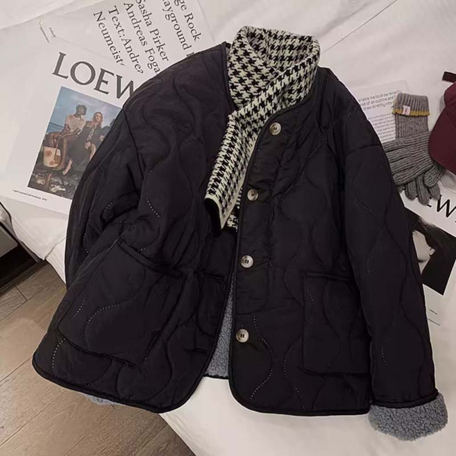 AOKADA 여성 가을 겨울 오버핏 라운드 양털 누빔 패딩 뽀글이 점퍼