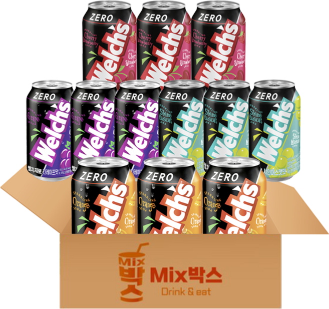 [믹스박스] 웰치스 제로 (포도 체리 샤인머스캣 오렌지) 4종 세트 12개입, 2세트, 355ml