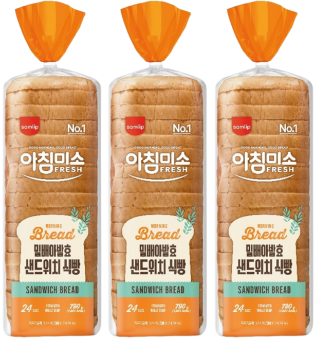 삼립 토스트앤 샌드위치 밀배아 발효 아침미소 샌드위치 식빵, 3개, 790g