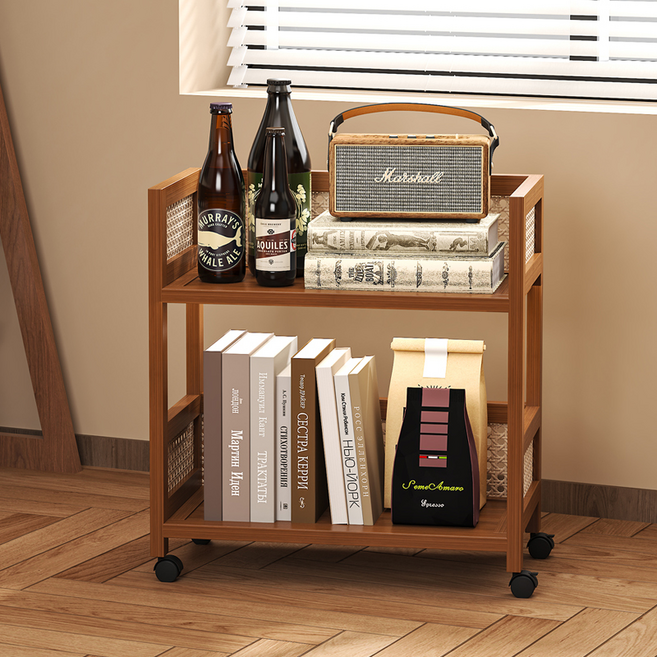 GOOD LIVE 원목 이동식 트롤리 수납 카트 바퀴형 북트롤리 거실 침실 사이드 테이블, 브라운, 2단