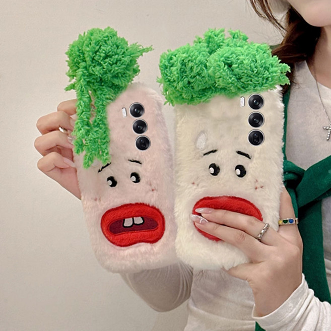 갤럭시 S24 S23 플러스 울트라 A55 A35 A15 A54 귀여운 뽀글이 머리카락 야채 무우 캐릭터 인형 따뜻한 겨울 털 퍼 휴대폰 케이스