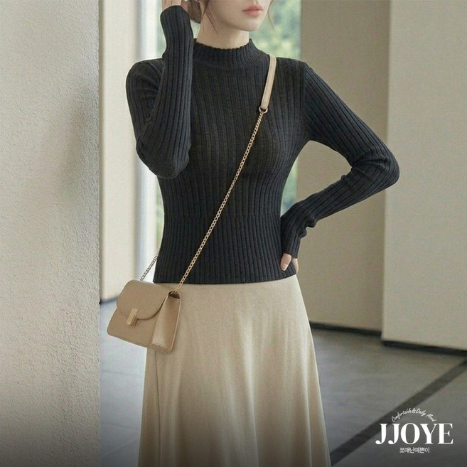 쪼예 썸머 청순무드 라운드 롤업 긴팔 크롭 골지 니트