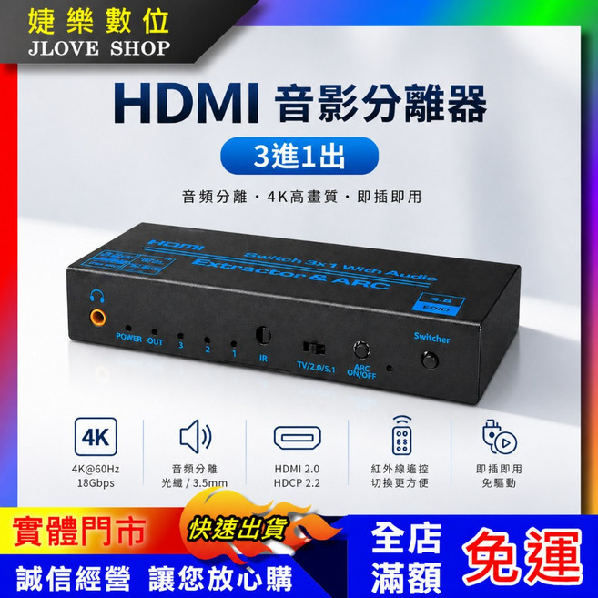 婕樂數位 4K HDMI 3x1 影音分離器 3進1出, 1個